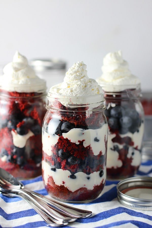 Lightened Up Red Velvet Coconut Trifles with Blueberries and Cheesecake Filling