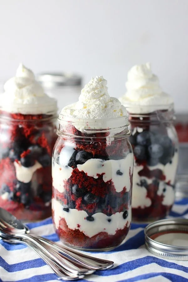 Lightened Up Red Velvet Coconut Trifles with Blueberries and Cheesecake Filling