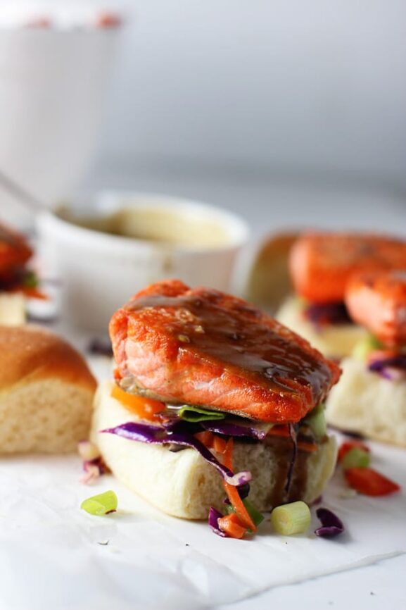 Salmon Sliders with (Epic!) Peanut Sauce and Asian Sesame Slaw