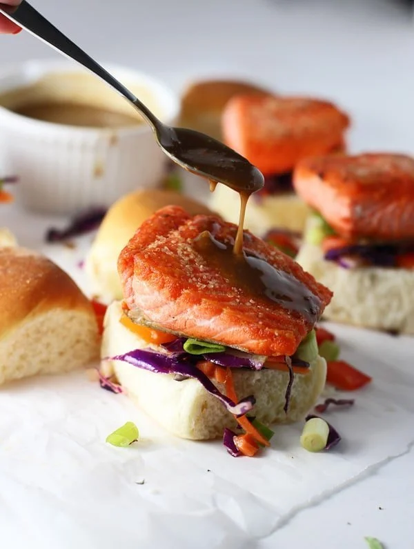 Salmon Sliders with (Epic!) Peanut Sauce and Asian Sesame Slaw via cookingforkeeps.com