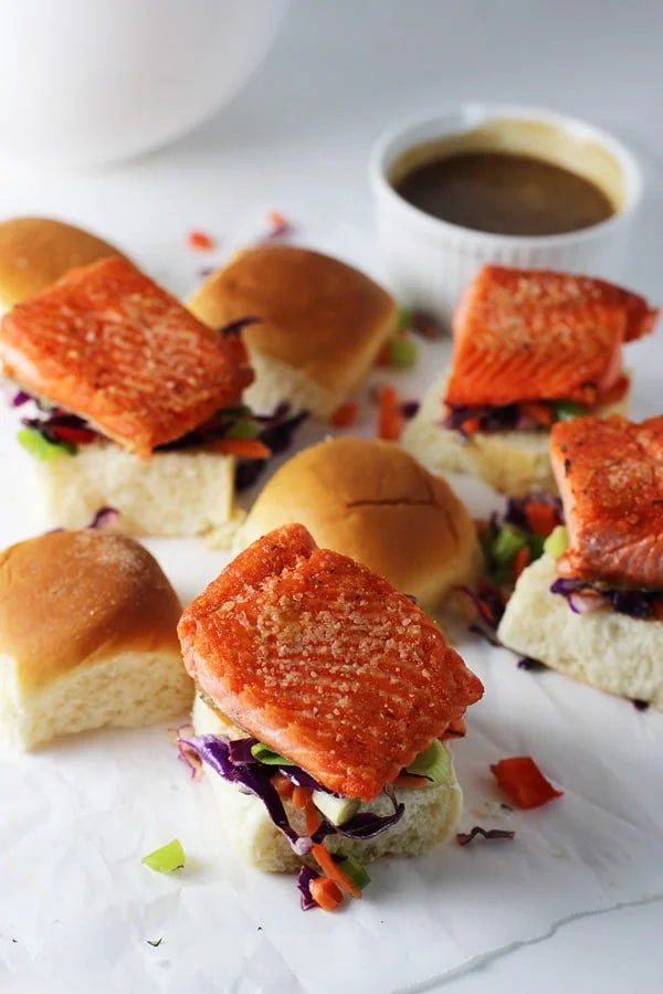 Salmon Sliders with (Epic!) Peanut Sauce and Asian Sesame Slaw