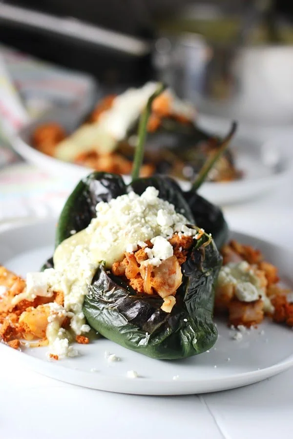 Baked Chile Rellenos with Homemade Turkey Chorizo and Poblano Cream Sauce