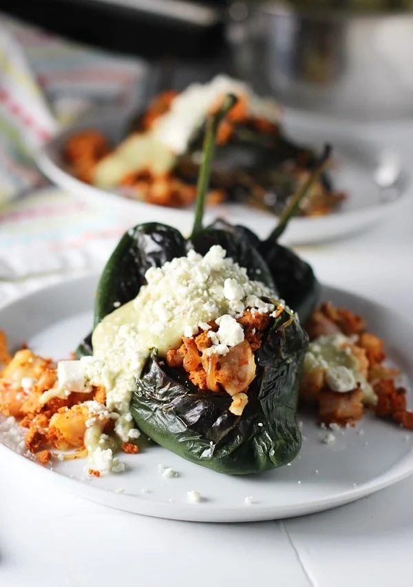Baked Chile Rellenos with Homemade Turkey Chorizo and Poblano Cream Sauce
