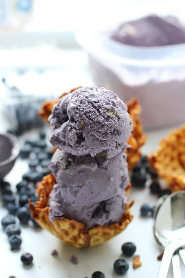 Blueberry Buttercookie Gelato with Homemade Sugar Waffle Bowls via cookingforkeeps.com