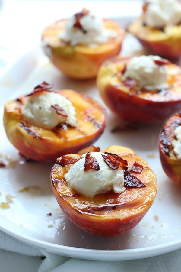 Brown Sugar Grilled Peaches with Ricotta, Honey and Crispy Prosciutto