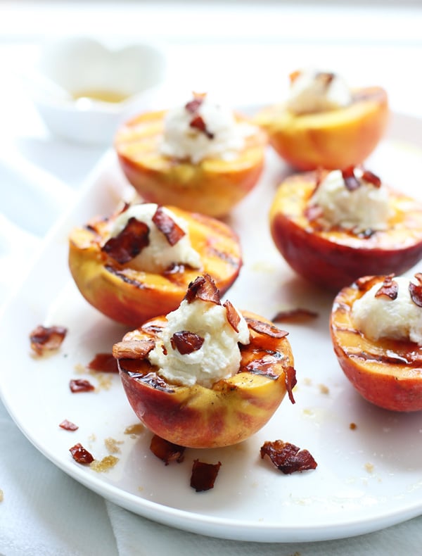 Brown Sugar Grilled Peaches with Ricotta, Honey and Crispy Prosciutto #grilled #peaches #summer 