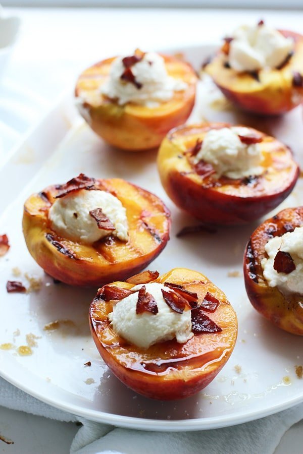 Brown Sugar Grilled Peaches with Ricotta, Honey and Crispy Prosciutto