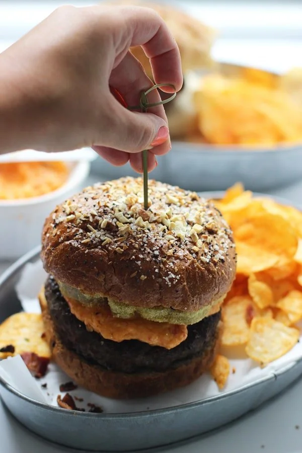 Fried Green Tomato and Pimento Cheese Burgers with Everything Whole-Wheat Buns 8