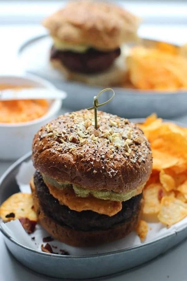 Fried Green Tomato and Pimento Cheese Burgers with Everything Whole-Wheat Buns 9