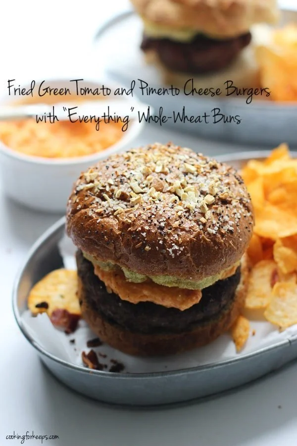 Fried Green Tomato and Pimento Cheese Burgers with Everything Whole-Wheat Buns Cover