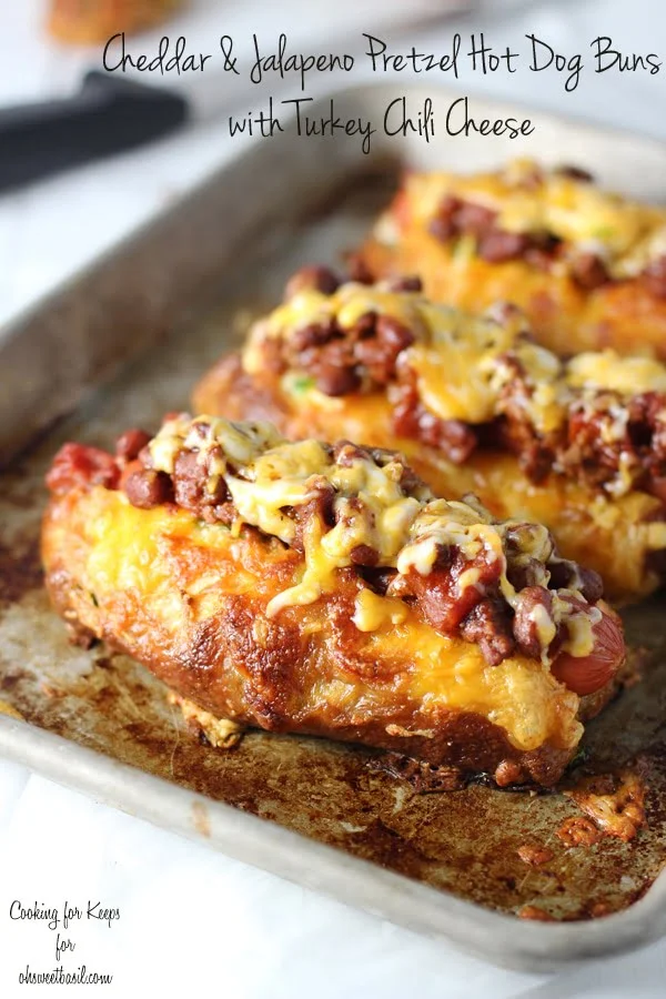 Jalapeno and Cheddar Pretzel Hot Dog Buns with Turkey Chili Cheese Cover