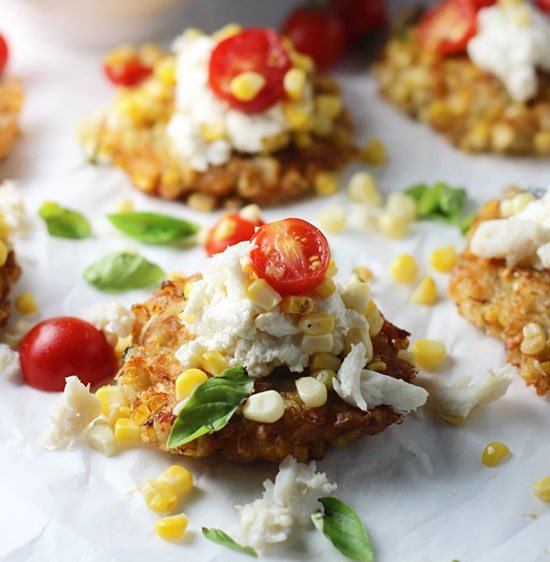 Grilled Corn and Crab Fritters with Ricotta, Cherry Tomatoes and Basil