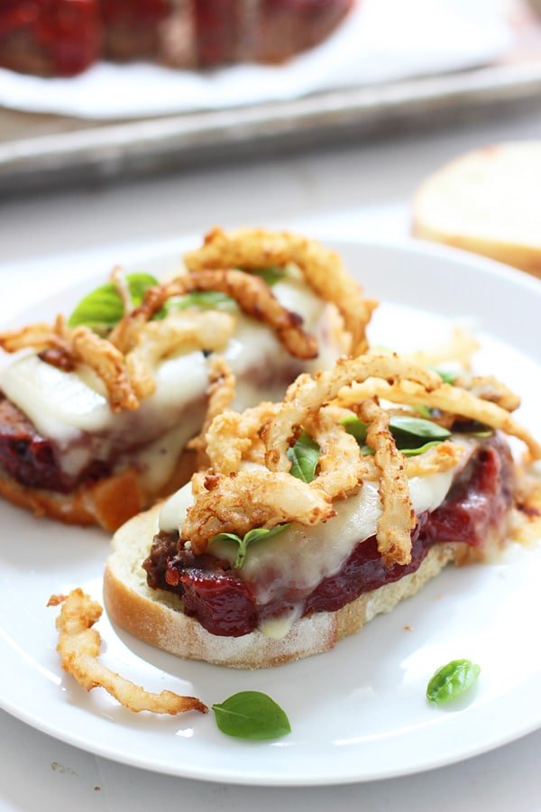 The Best Meatloaf + Meatloaf Sandwiches with Crispy Onions and Melted Mozzarella Cheese