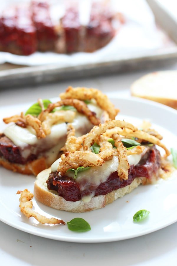 Meatloaf Sandwich with Crispy Onions and Melted Mozzarella 
