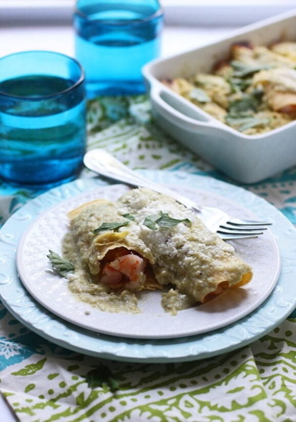 Skinny Shrimp and Crab Enchiladas with Roasted Hatch Pepper Sauce