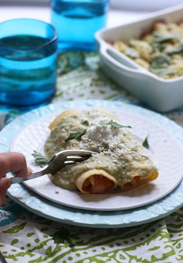 Skinny Shrimp and Crab Enchiladas with Tomatillo and Hatch Pepper Sauce 