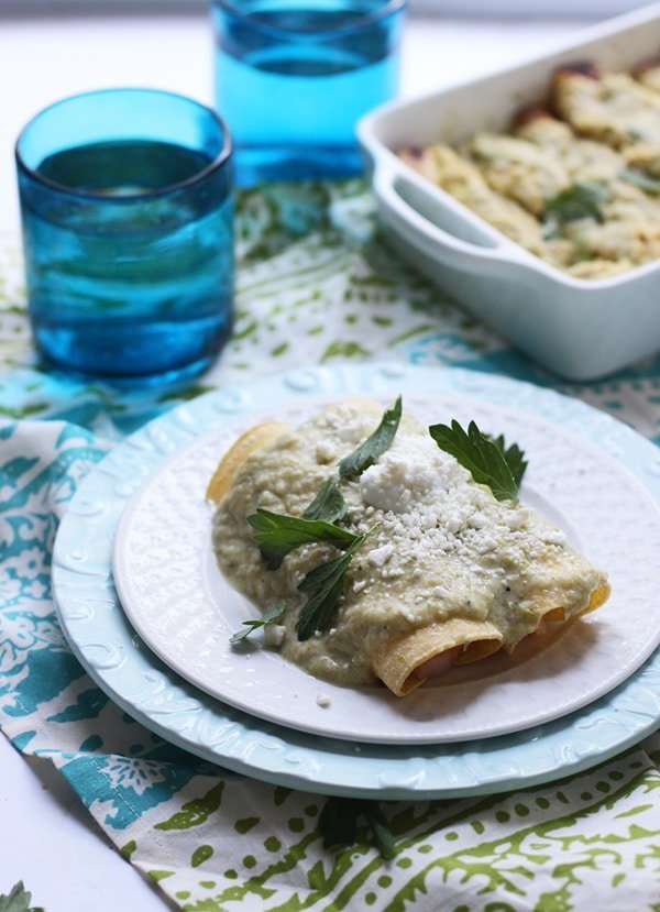 Skinny Shrimp and Crab Enchiladas with Tomatillo and Hatch Pepper Sauce via Cooking for Keeps