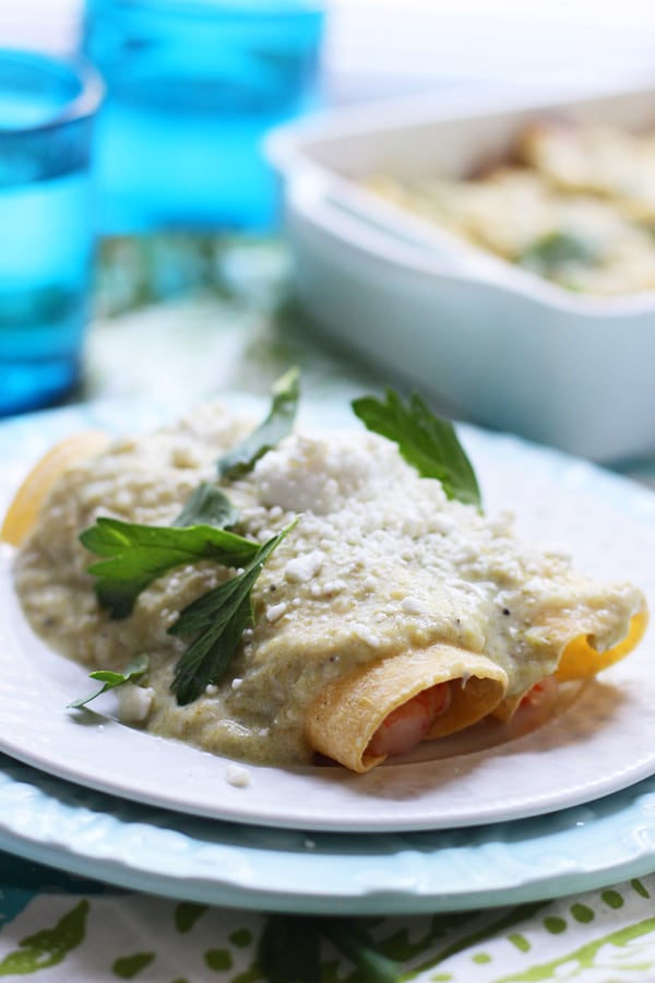 Skinny Shrimp and Crab Enchiladas with Tomatillo and Hatch Pepper Sauce