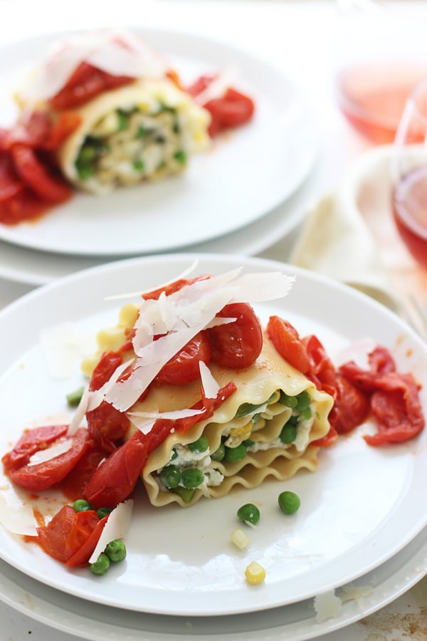 Veggie Lasagna Rolls with Homemade Ricotta and Burst Cherry Tomato Sauce via Cooking for Keeps