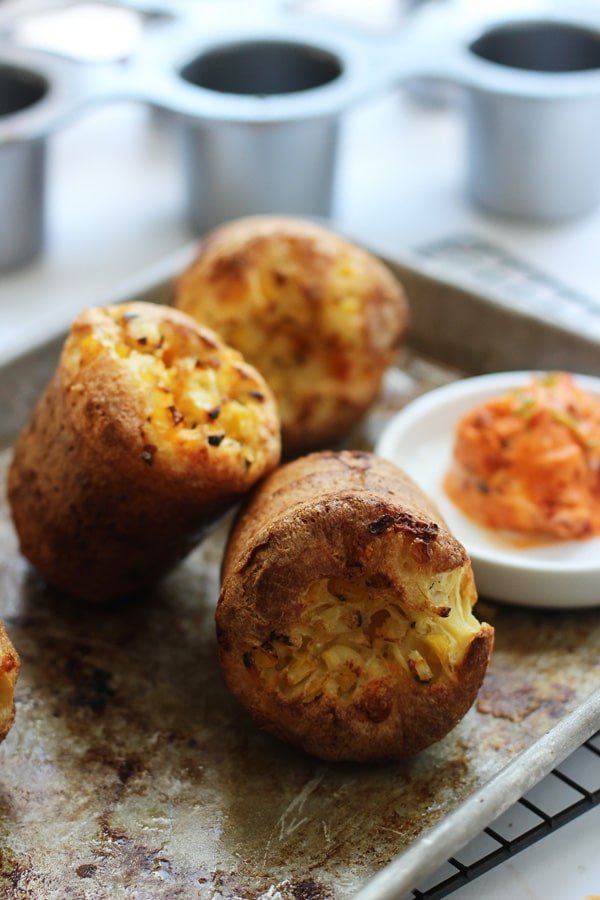 Charred Corn, Pancetta and Cheddar Popovers with Sun-Dried Tomato Butter