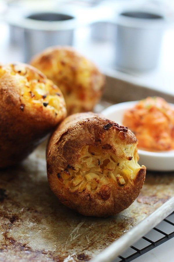 Charred Corn, Pancetta and Cheddar Popovers with Sun-Dried Tomato Butter