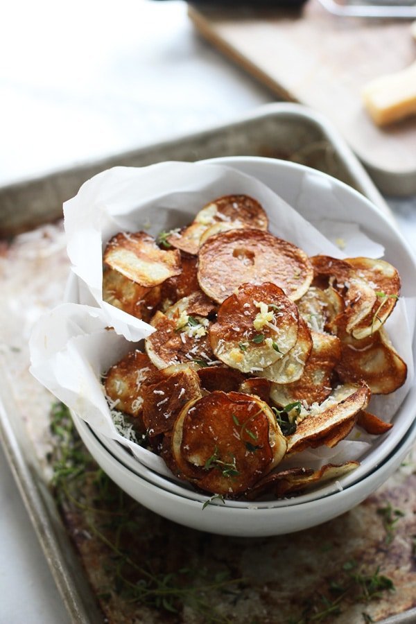 Crispy Baked Potato Chips with Garlic, Thyme and Parmesan + How to make the crispiest chips in the oven! 