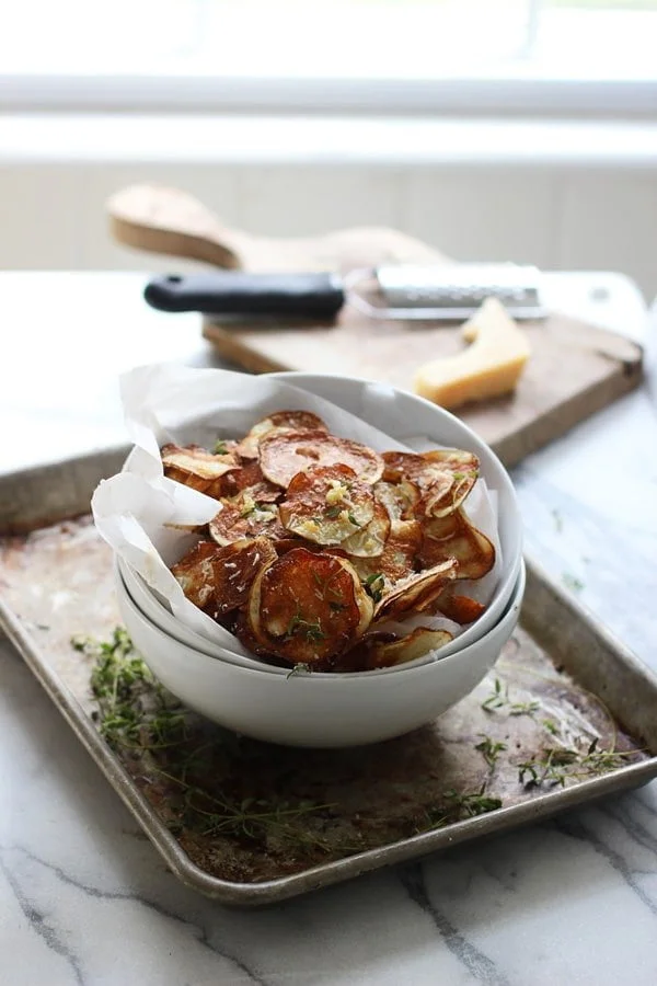 Crispy Baked Potato Chips with Garlic, Thyme and Parmesan + How to make the crispiest chips in the oven! 