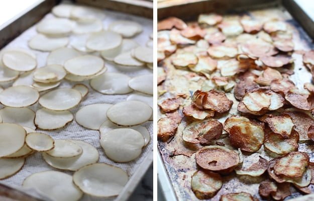 Crispy Baked Potato Chips with Garlic, Thyme and Parmesan + How to make the crispiest chips in the oven! 