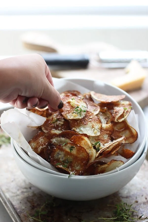 Crispy Baked Potato Chips with Garlic, Thyme and Parmesan + How to make the crispiest chips in the oven! 