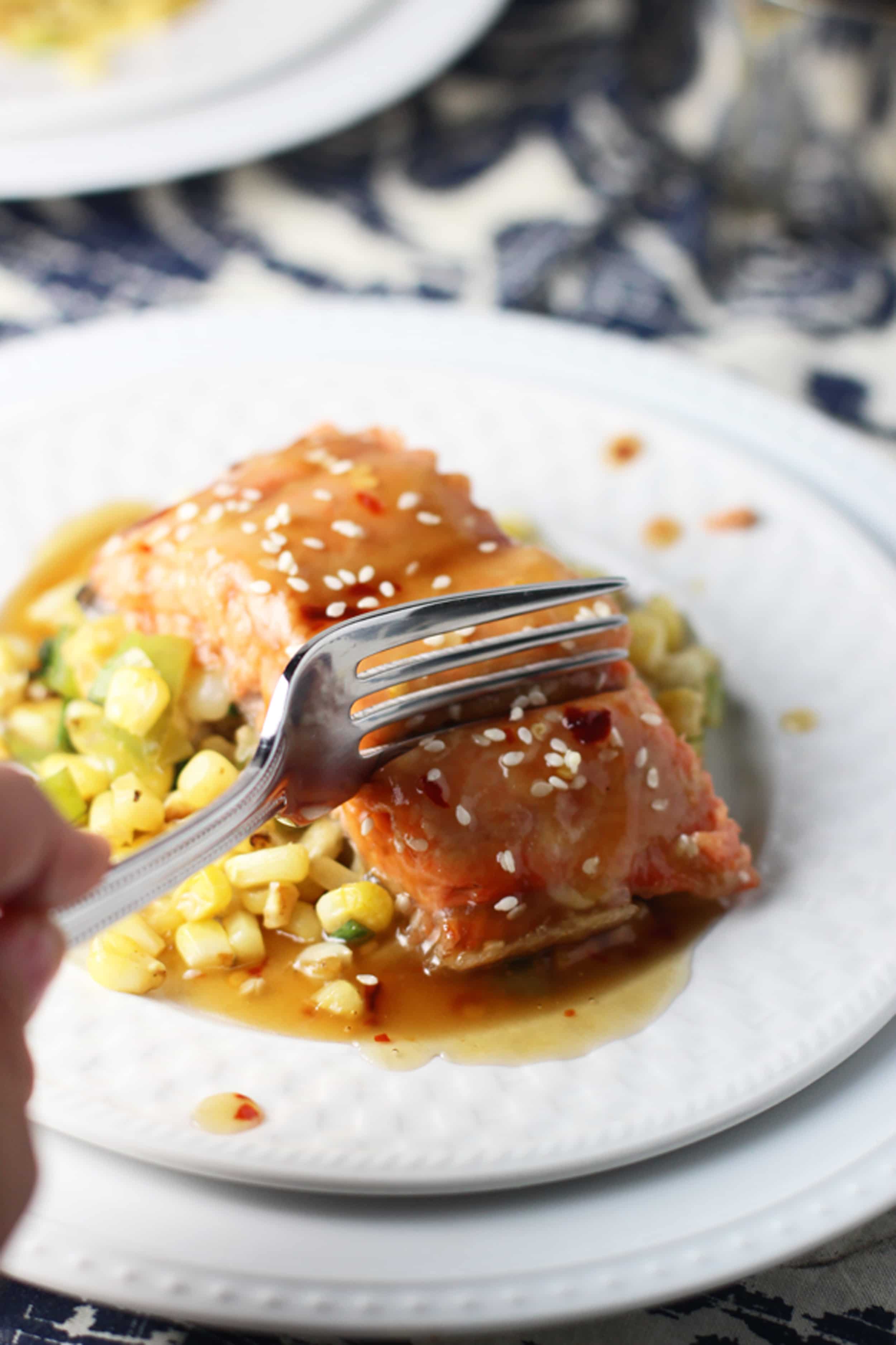 Spicy Honey Sesame Salmon with Corn and Hatch Pepper Saute 2