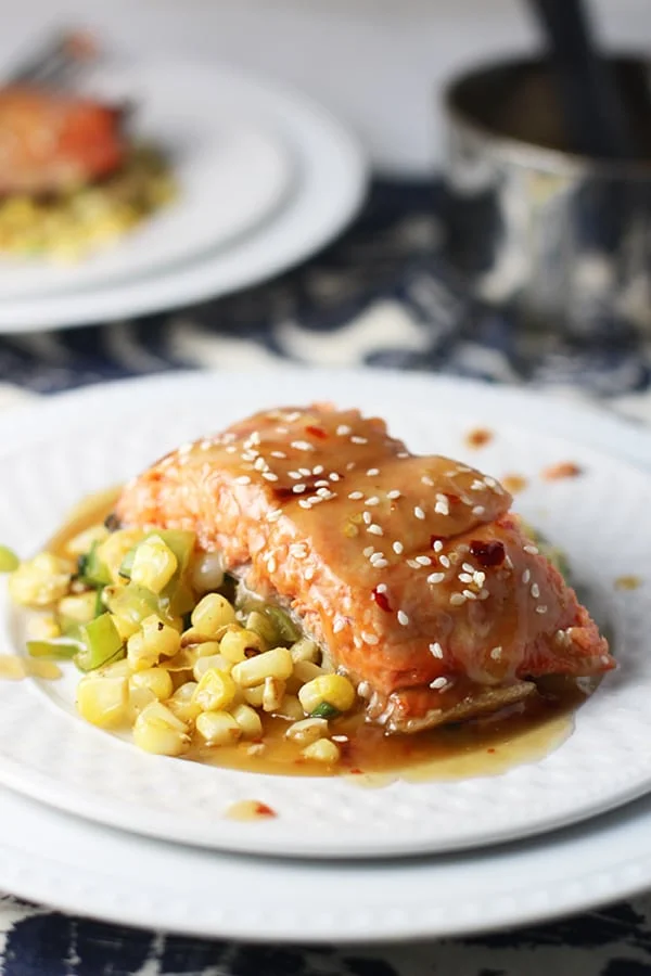 Spicy Honey Sesame Salmon with Corn and Hatch Pepper Saute 3