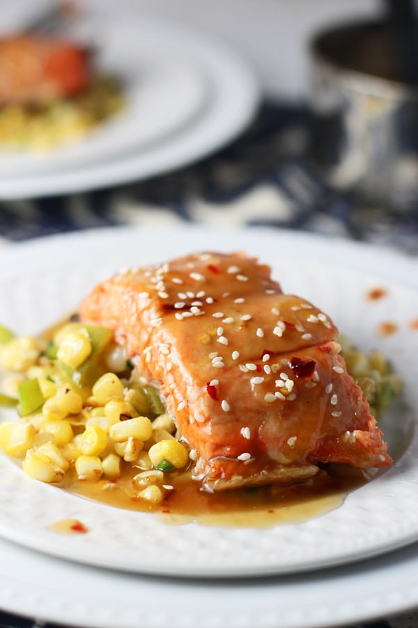 Spicy Honey Sesame Salmon with Corn and Hatch Pepper Saute 4