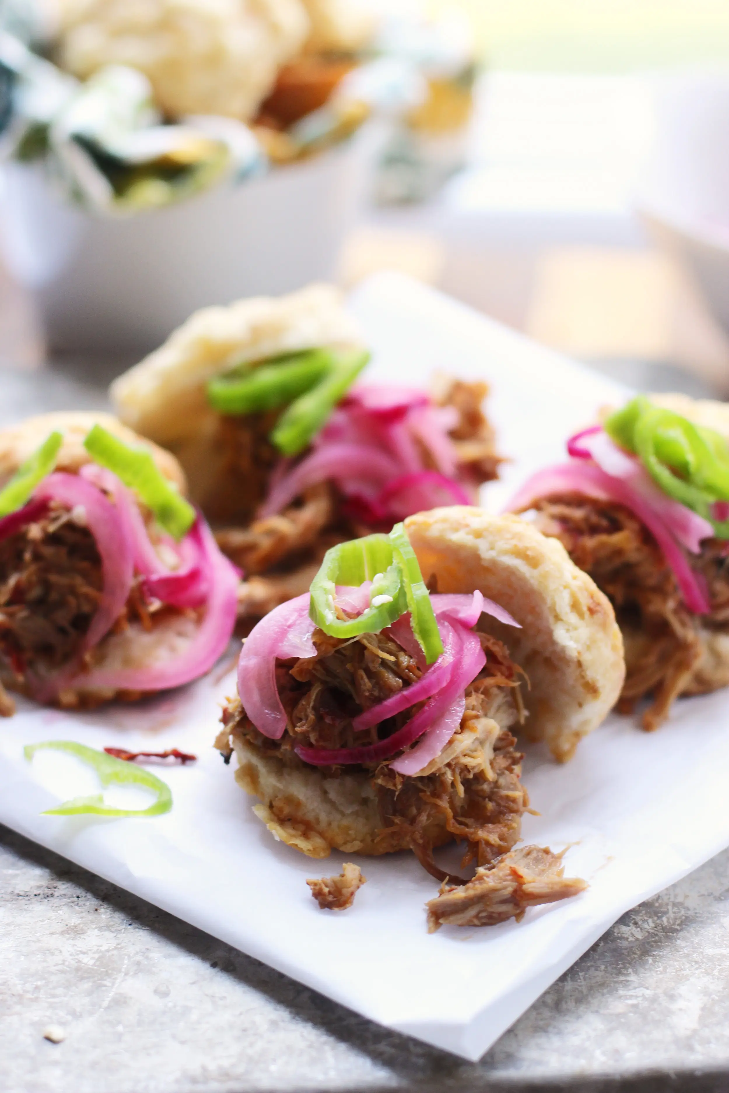 Tex-Mex Pulled Pork with Pickled Onions and Jalapeno Cheddar Biscuits