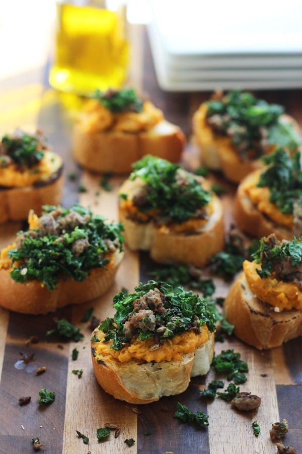 Whipped Ricotta and Butternut Squash Crostini with Sauteed Kale and Italian Sausage 