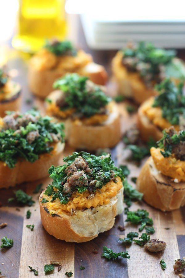 Whipped Ricotta and Butternut Squash Crostini with Sauteed Kale and Italian Sausage 