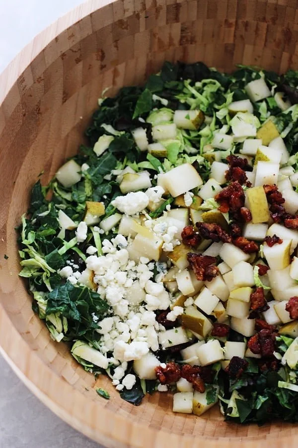 Chopped Brussels Sprout, Kale and Chard Salad with Candied Pancetta, Pears and Blue Cheese 