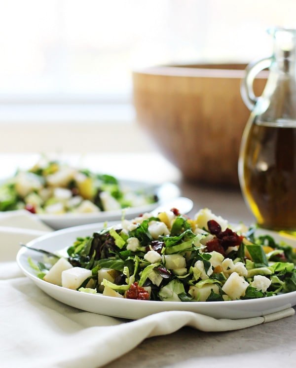 Chopped Brussels Sprout, Kale and Chard Salad with Candied Pancetta, Pears and Blue Cheese