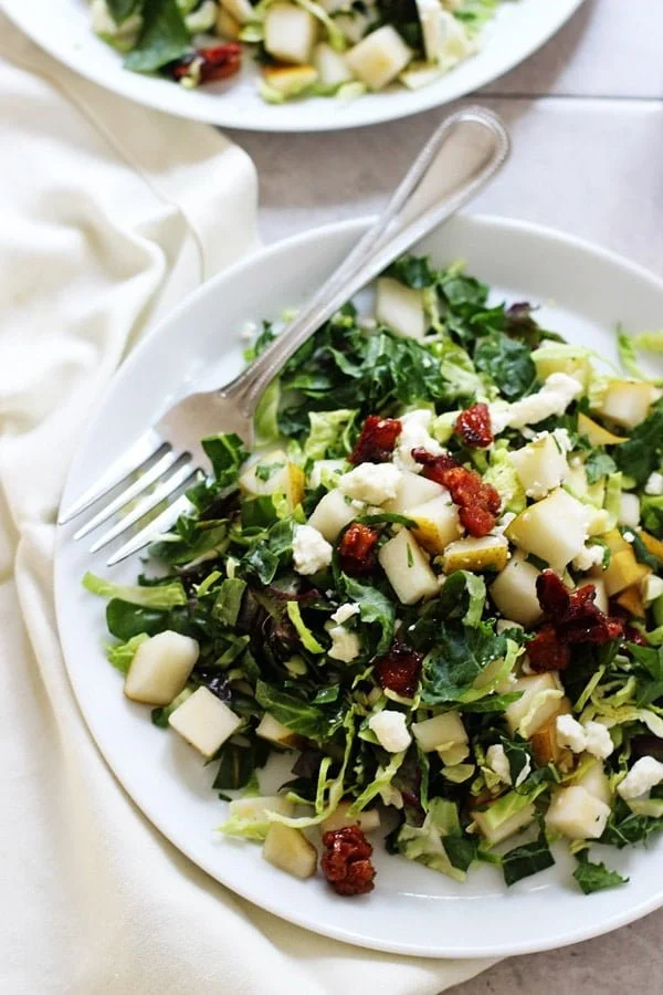 Chopped Brussels Sprout, Kale and Chard Salad with Candied Pancetta, Pears and Blue Cheese