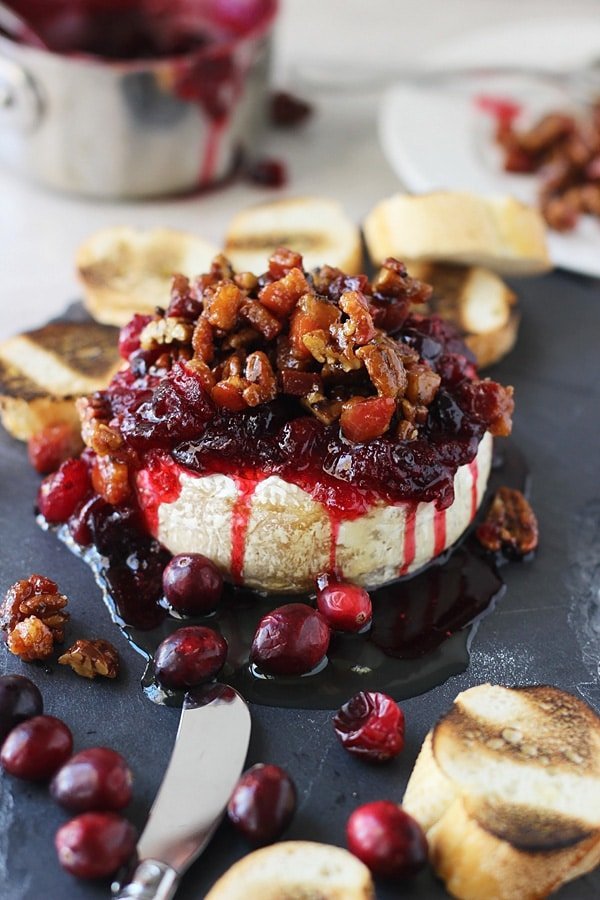 Bake Brie with Candied Pancetta, Pecans and Spicy Cranberries 