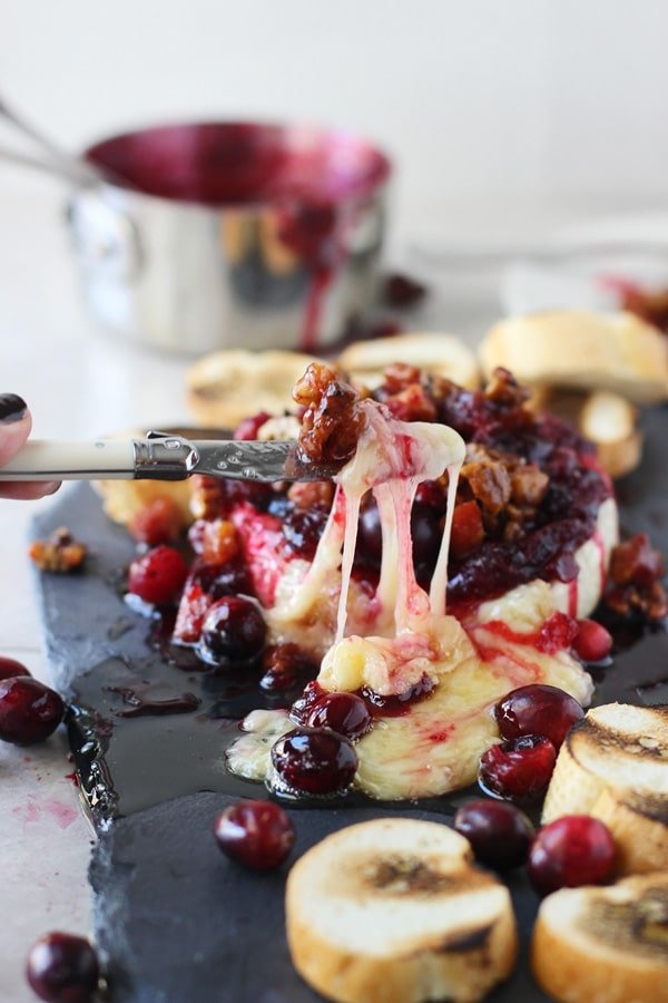Bake Brie with Candied Pancetta, Pecans and Spicy Cranberries