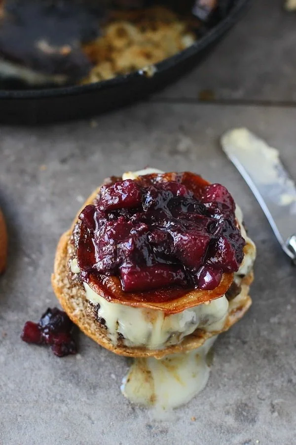 Teleggio Burgers with Spicy Pancetta and Pear and Blueberry Chutney | Cooking for Keeps @cookingforkeeps