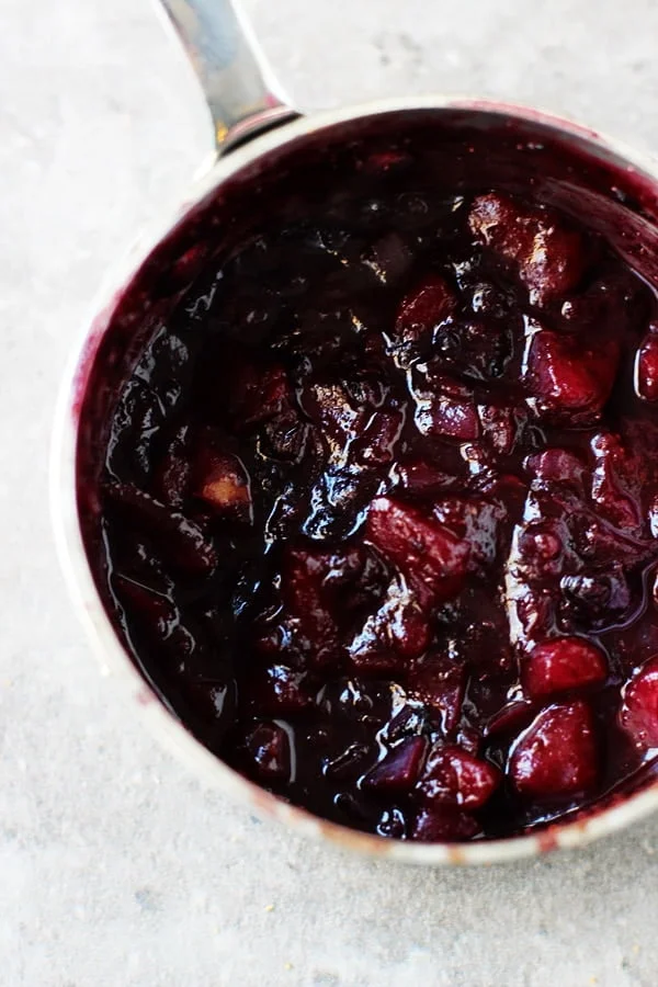 Teleggio Burgers with Spicy Pancetta and Pear and Blueberry Chutney