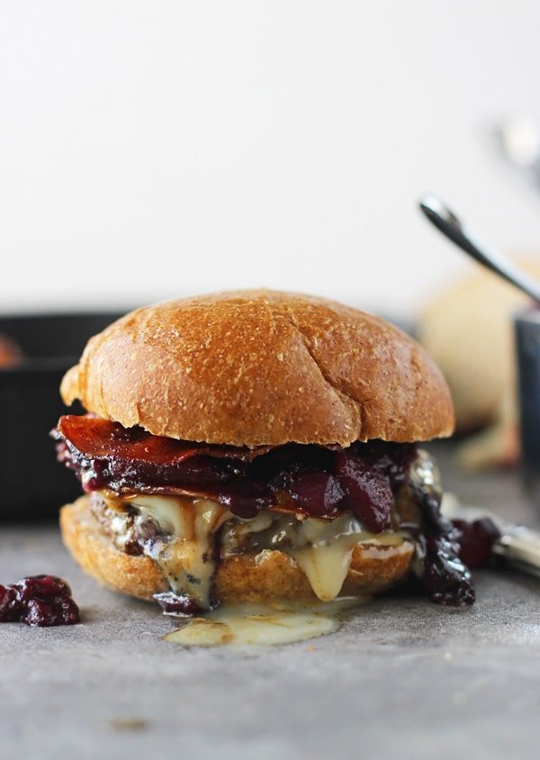 Teleggio Burgers with Spicy Pancetta and Pear and Blueberry Chutney | Cooking for Keeps @cookingforkeeps