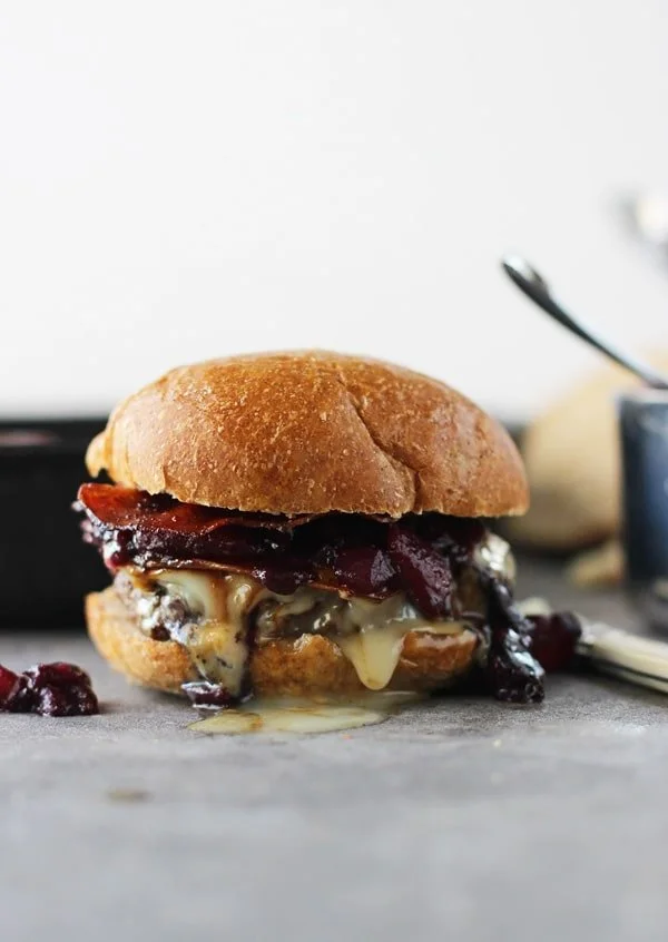 Teleggio Burgers with Spicy Pancetta and Pear and Blueberry Chutney | Cooking for Keeps @cookingforkeeps