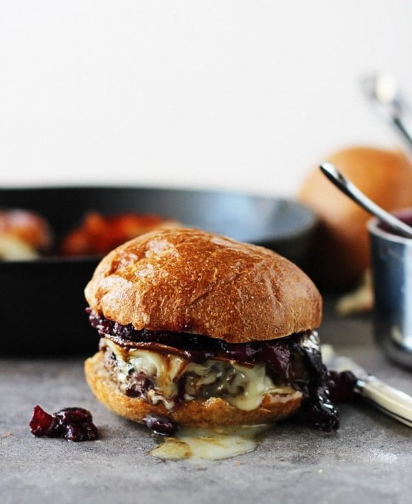 Teleggio Burgers with Spicy Pancetta and Pear and Blueberry Chutney | Cooking for Keeps @cookingforkeeps