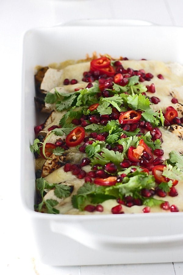 Sweet and Spicy Pomegranate and Poblano Chicken Enchiladas