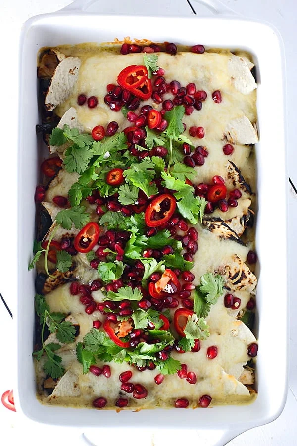 Sweet and Spicy Pomegranate and Poblano Chicken Enchiladas