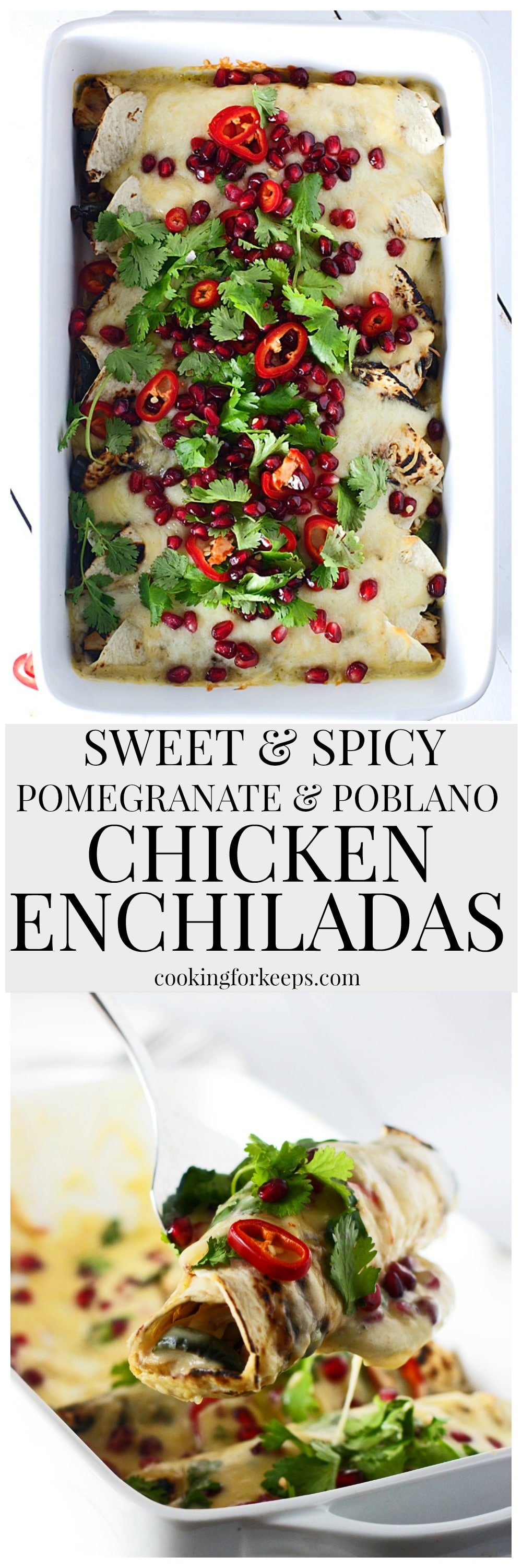Sweet and Spicy Pomegranate and Poblano Chicken Enchiladas