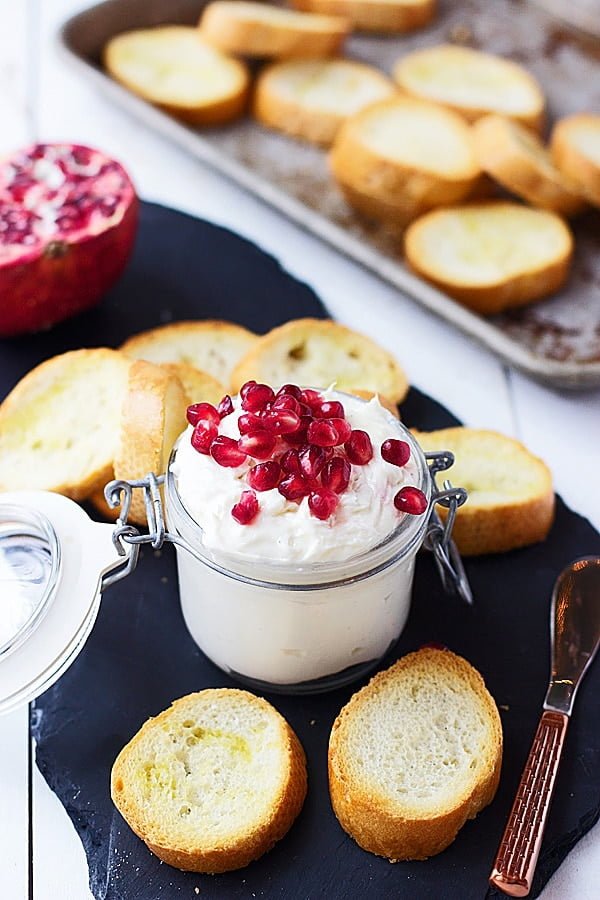 Whipped Goat Cheese with Honey and Pomegranates - Ten minute prep for this elegant app!| cookingforkeeps.com #goatcheese #holidayentertaining