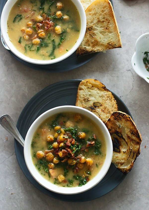 Chickpea Soup with Kale and Bacon | cookingforkeeps.com